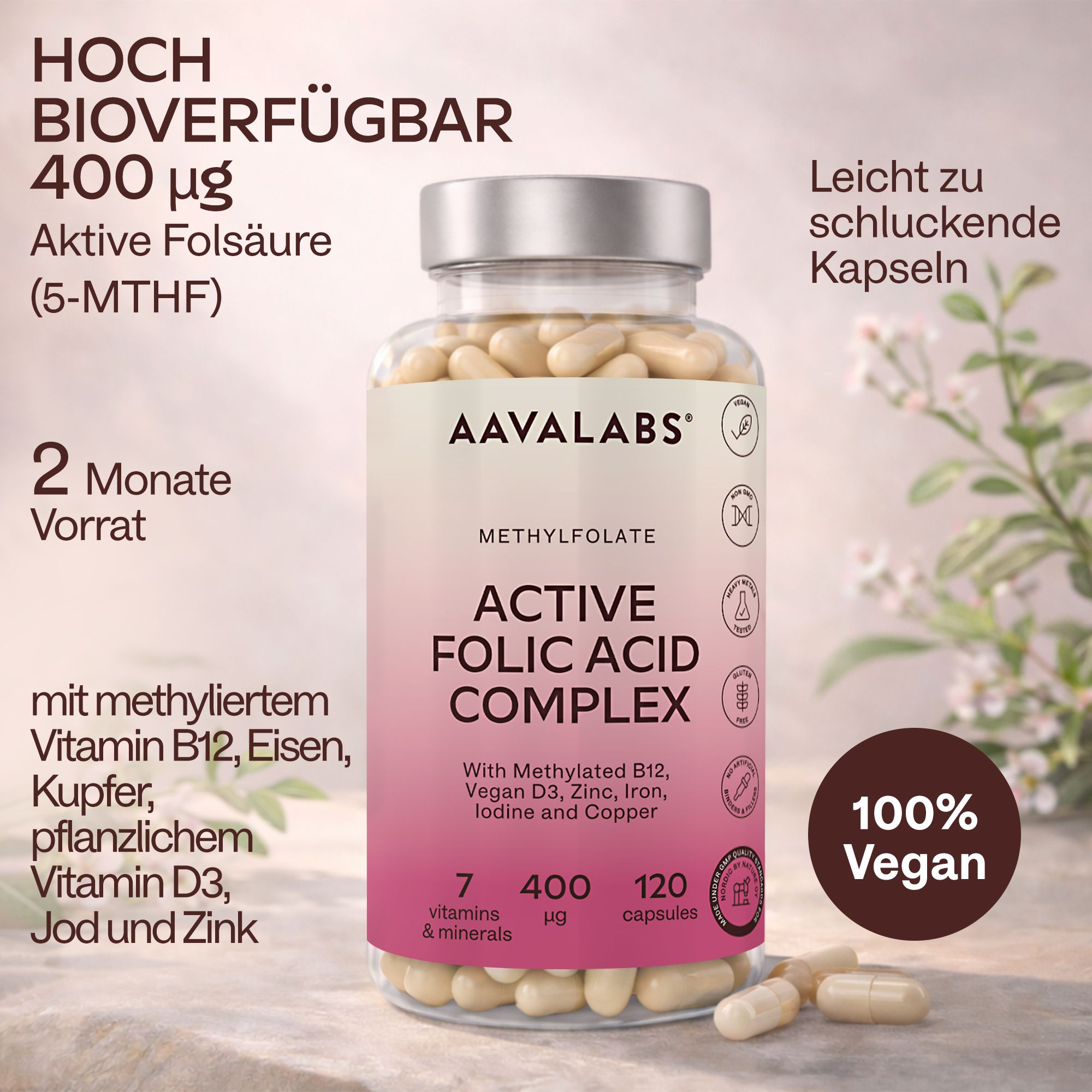 Rückseite der Aavalabs Folsäure-Kapseln. Nährwertangaben. Enthält 400 μg Folsäure, Vitamin B12, Zink, Eisen, Jod.