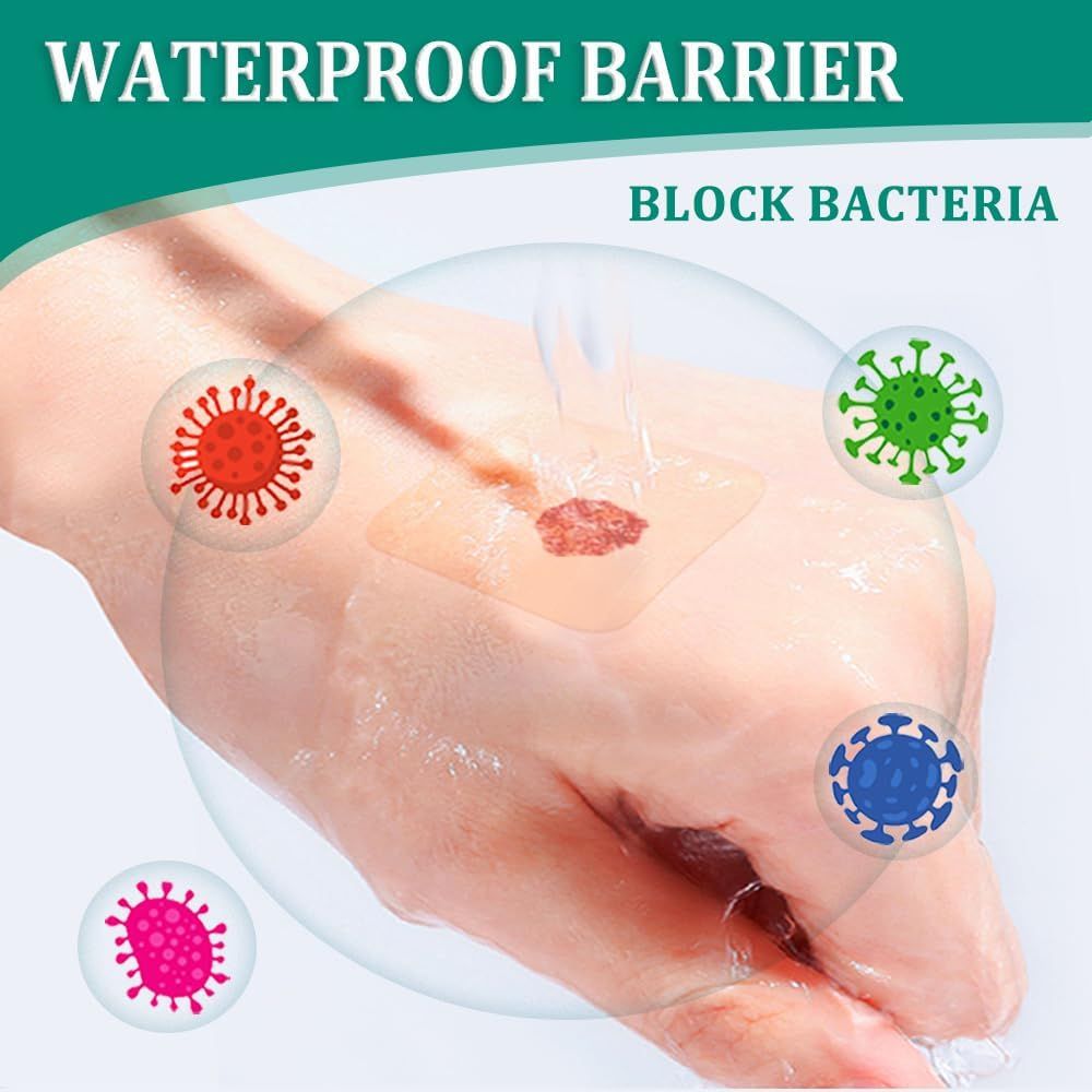 Hand mit einem Hydrokolloid-Pflaster. Darstellung der Barriere gegen Bakterien. Vier farbige Darstellungen von Bakterien um das Pflaster herum.