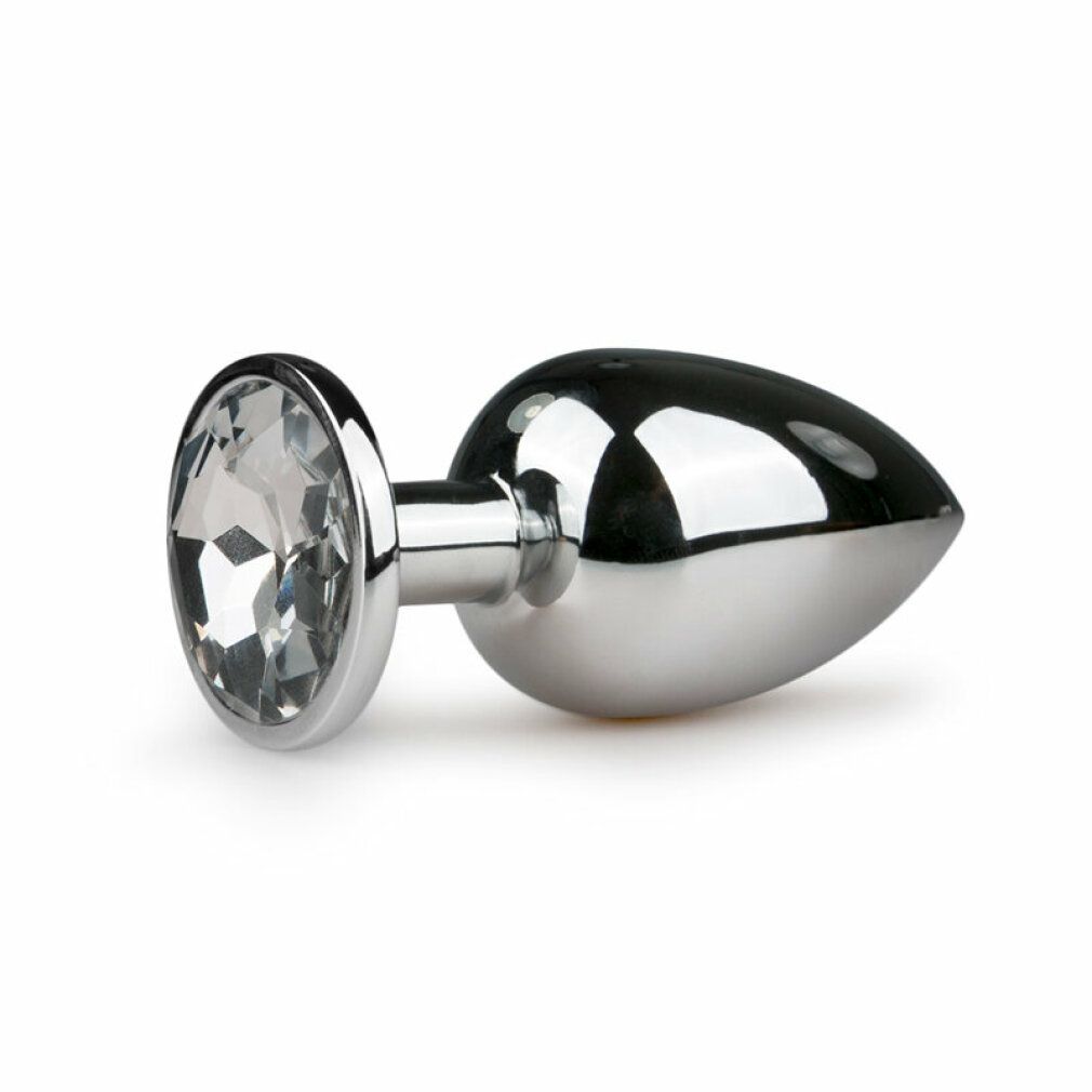 Analplug aus Metall mit Zierstein. Silberfarben, konisch zulaufend. Zierstein am Ende. Glänzende Oberfläche.