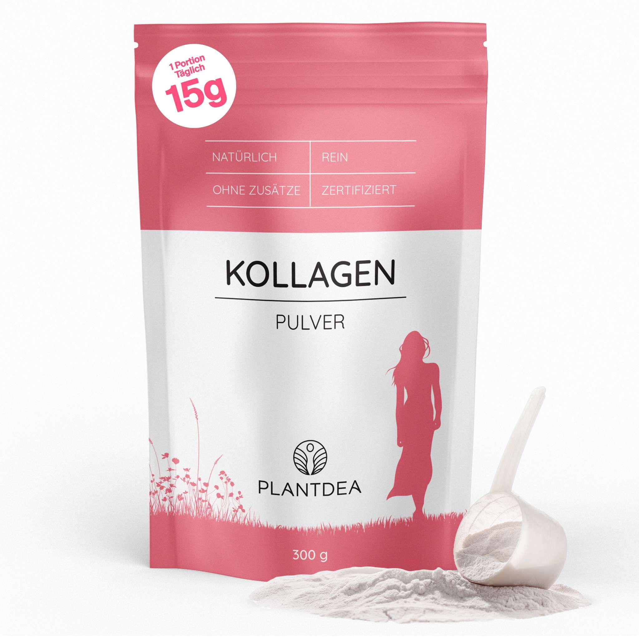 Rosa Beutel mit weißem Etikett. Aufschrift: Kollagen Pulver. Logo und Schriftzug Plantdea. 15g Portion. Löffel mit Pulver daneben.