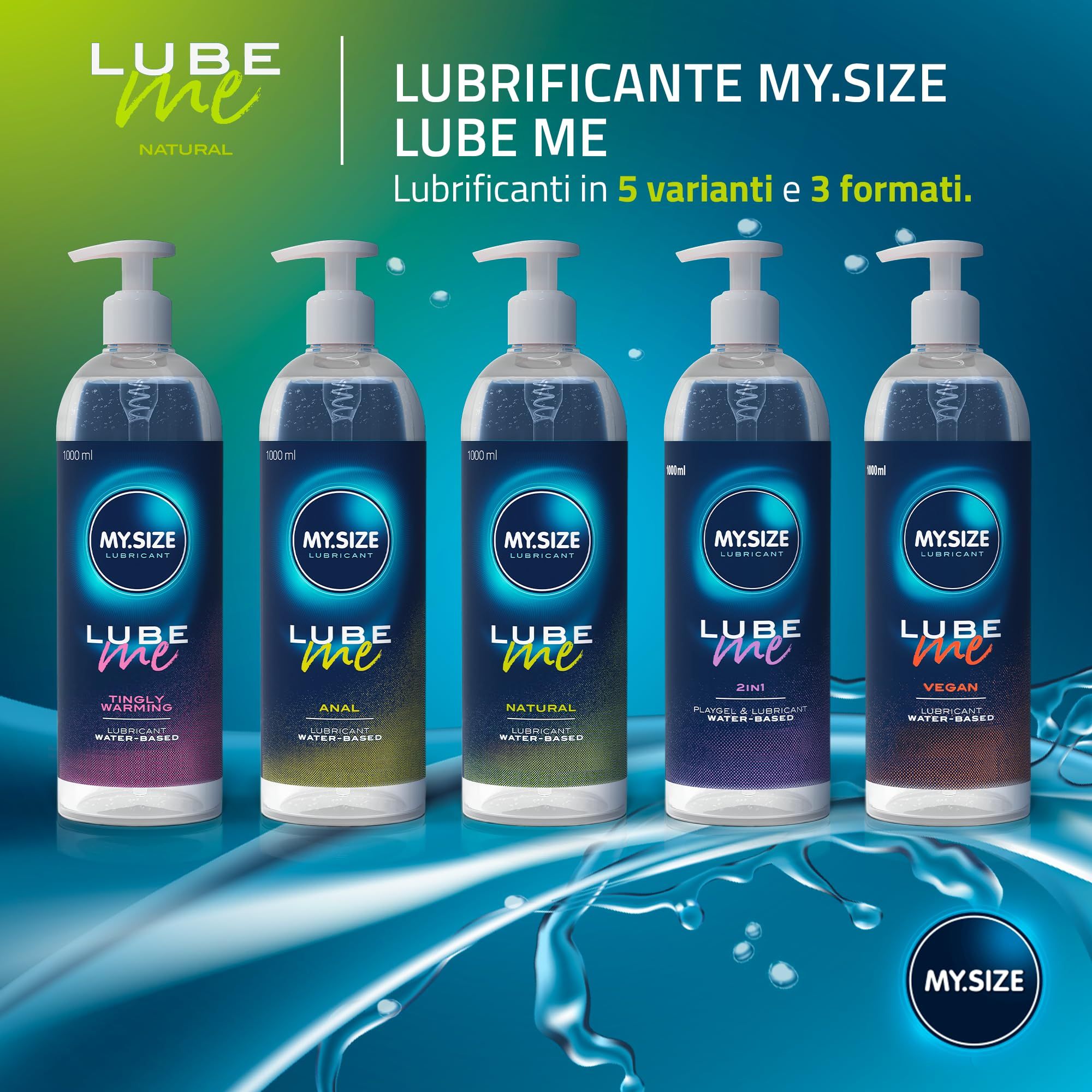 Fünf MY.SIZE Lube Me Varianten in 500ml Pumpspendern.