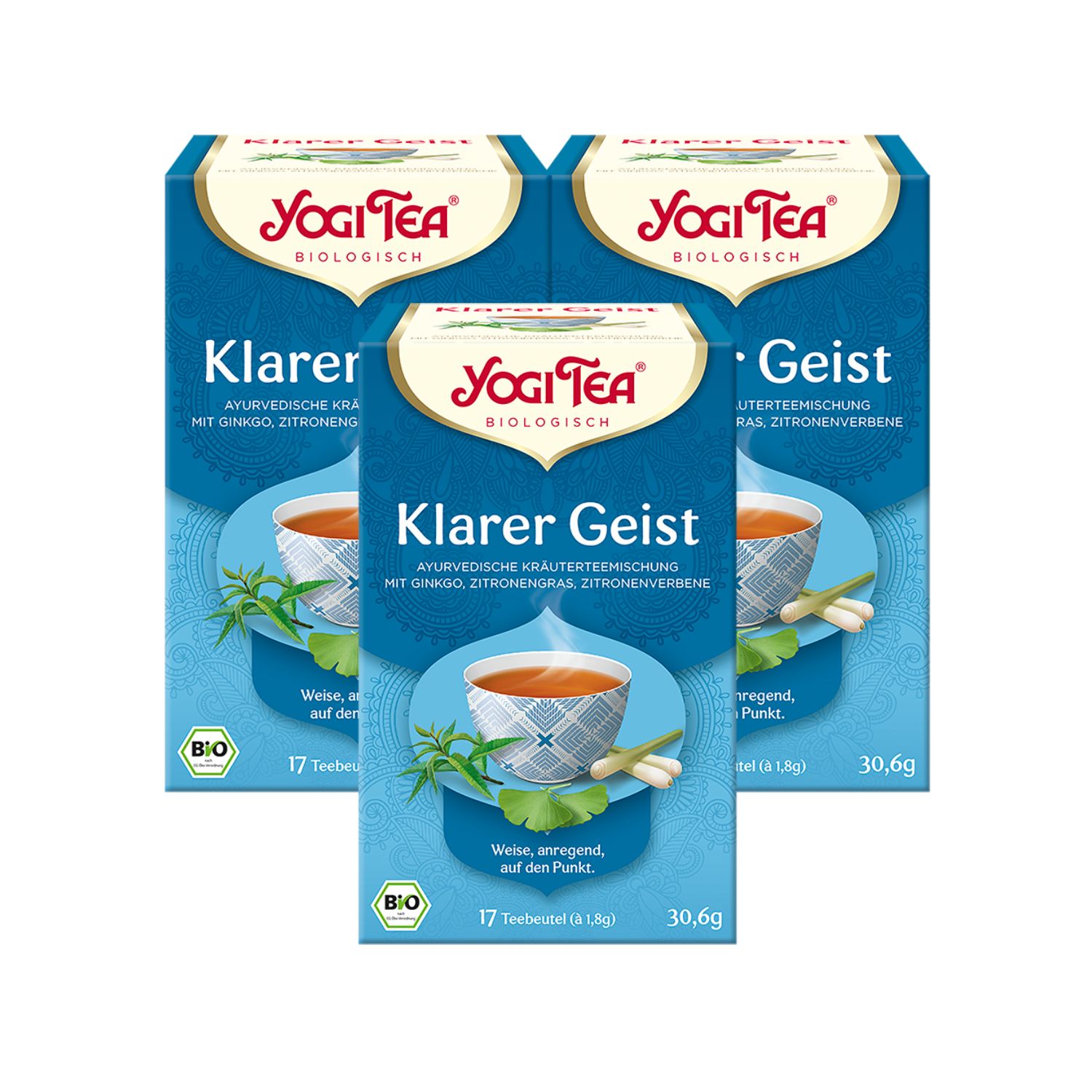 Drei Packungen Kräutertee, blau-weißes Design. Aufdruck: Yogi Tea, Klarer Geist, ayurvedische Kräutermischung. Bio-Siegel. 17 Teebeutel.