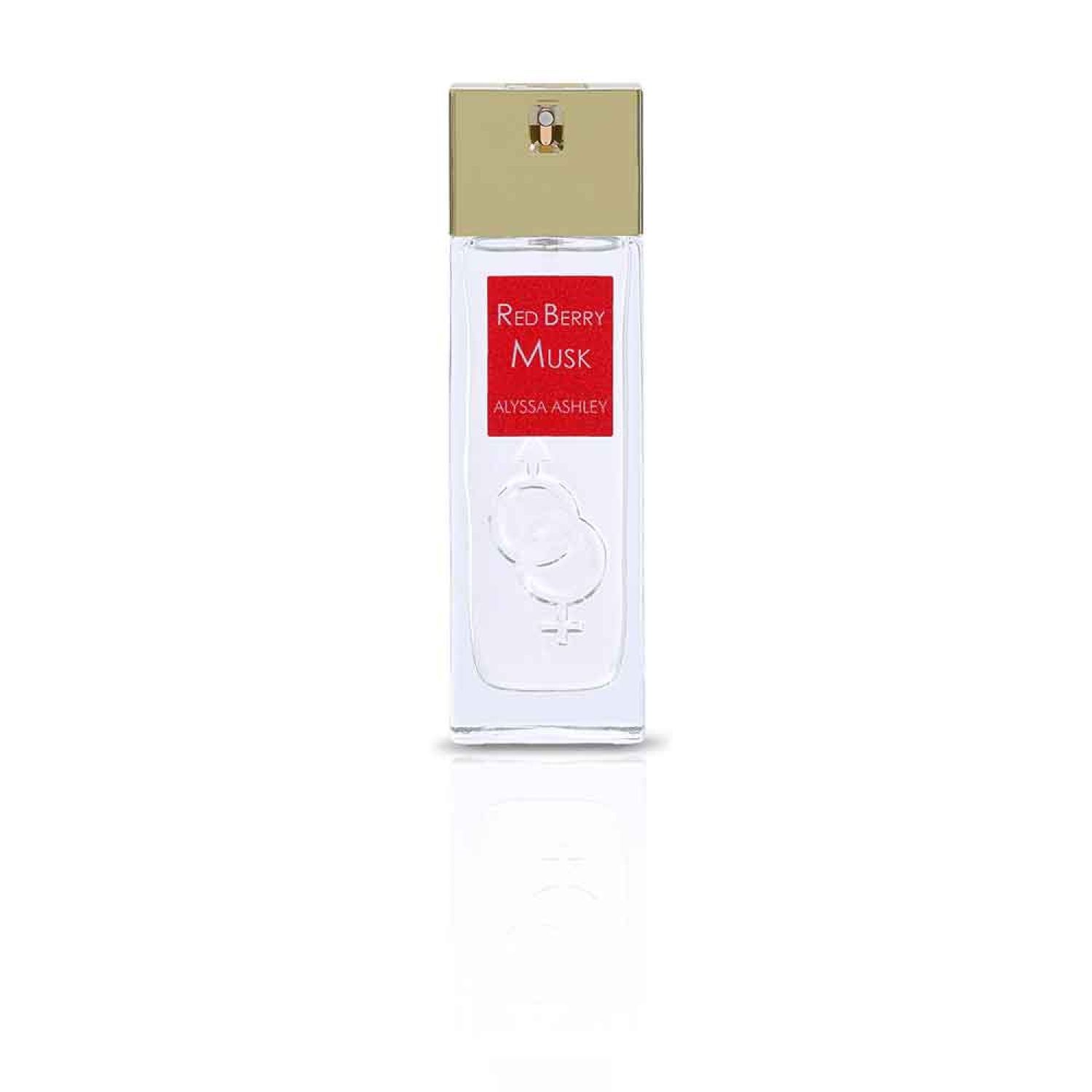 Parfümflakon mit goldfarbenem Deckel und rotem Etikett. Aufschrift: Red Berry Musk, Alyssa Ashley. Auf dem Flakon sind zwei Symbole abgebildet.