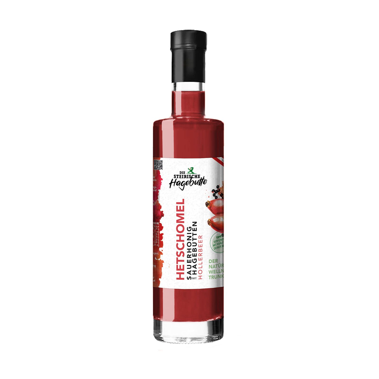 Glasflasche mit roter Flüssigkeit. Schwarzer Verschluss. Etikett mit Produktnamen und Logo.