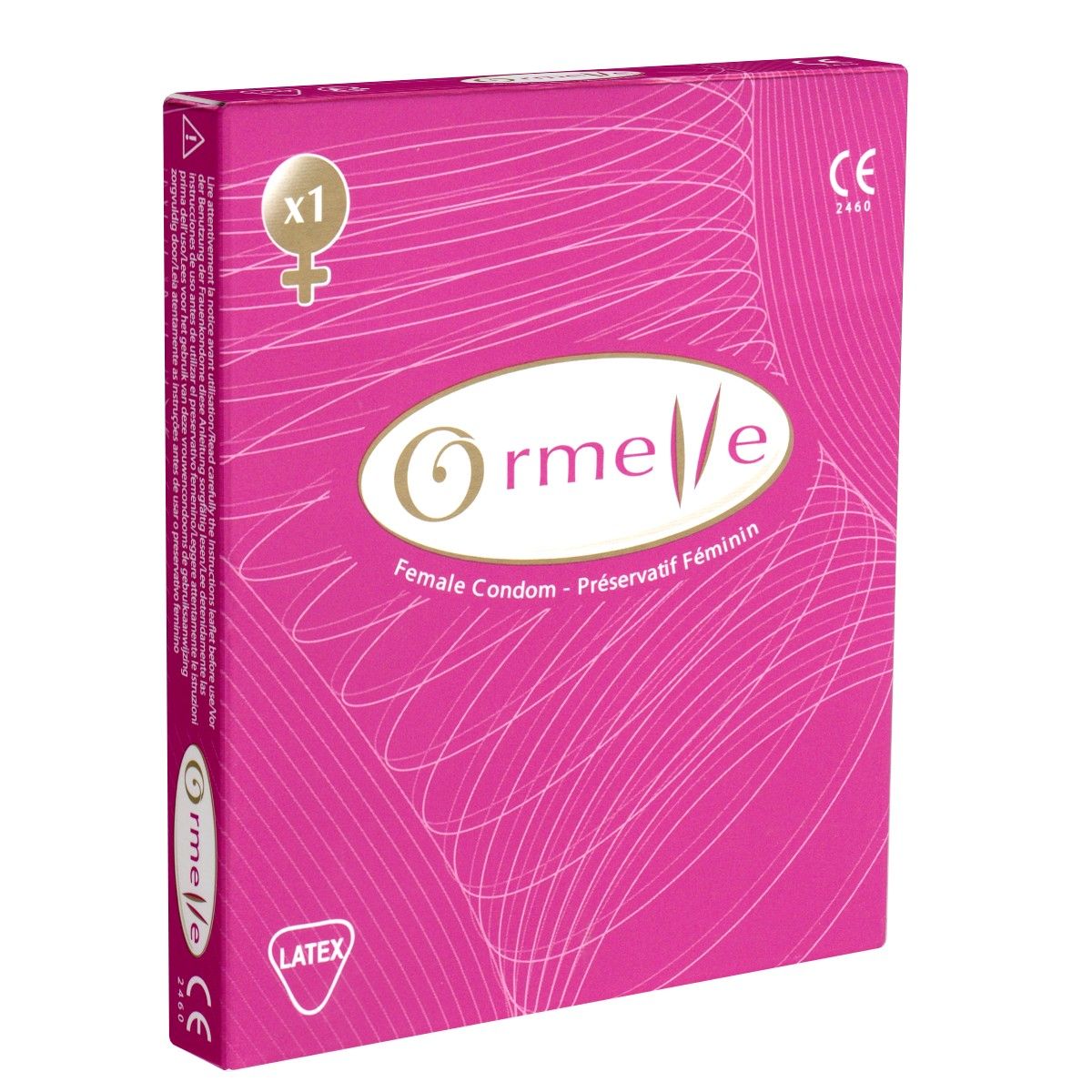 Rosa Verpackung mit "Ormelle"-Logo und Text "Female Condom". CE-Kennzeichnung und Latex-Symbol.