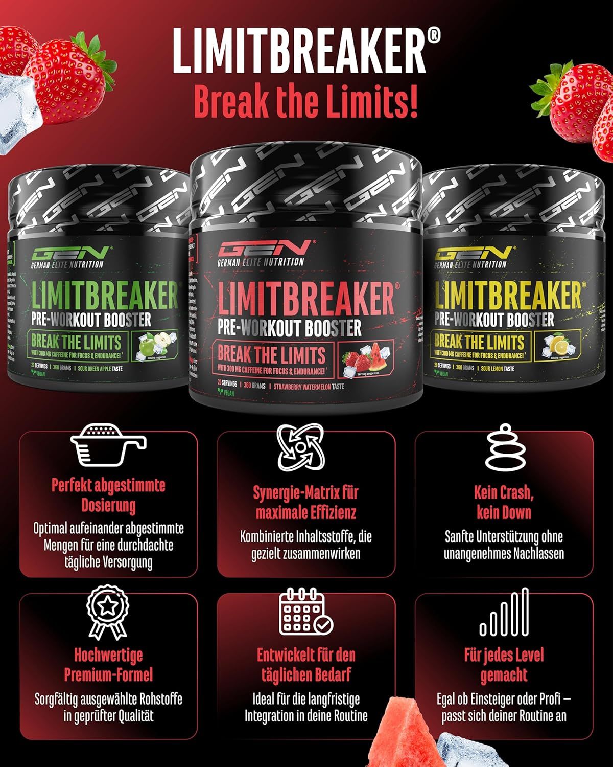 Werbebild mit drei Dosen "LIMITBREAKER". Verschiedene Geschmacksrichtungen. Icons mit Produktvorteilen: Dosierung, Synergie, keine Abstürze.