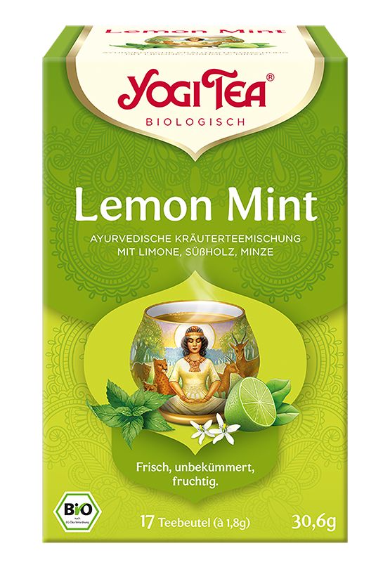 Grüne Schachtel mit YOGI TEA® Lemon Mint. Aufdruck: Lemon Mint, ayurvedische Kräuterteemischung. Bio-Siegel. 17 Teebeutel.