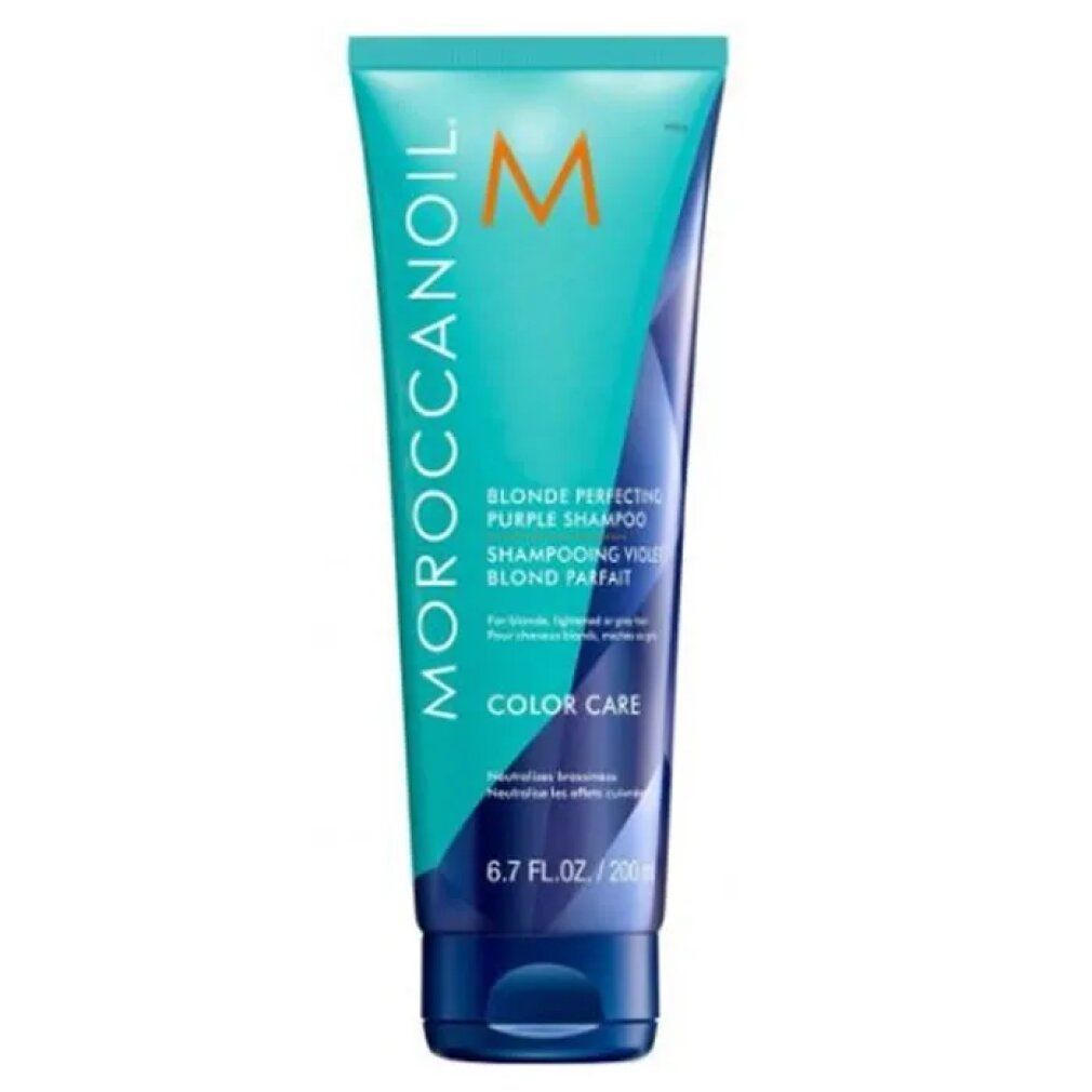 Türkisfarbene Tube mit lila Shampoo-Aufschrift. Marke Moroccanoil. Text: Blonde Perfecting Purple Shampoo. 6.7 fl.oz/200ml.