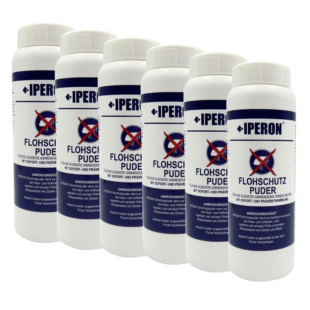 Sechs Flaschen IPERON® Flohschutz Puder nebeneinander.