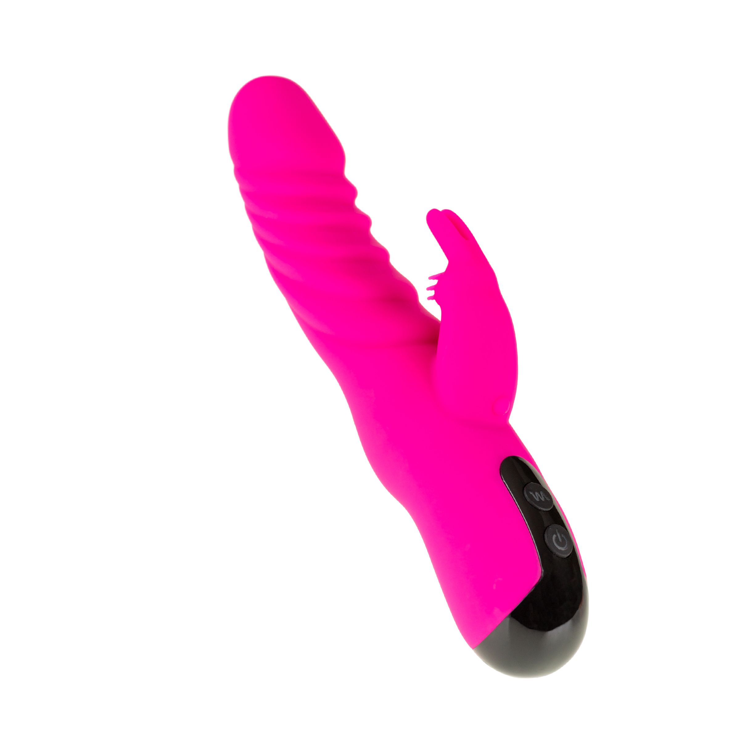 Pinkfarbener Vibrator mit Hasenohren-Design. Mit Bedienknöpfen und geriffelter Oberfläche.