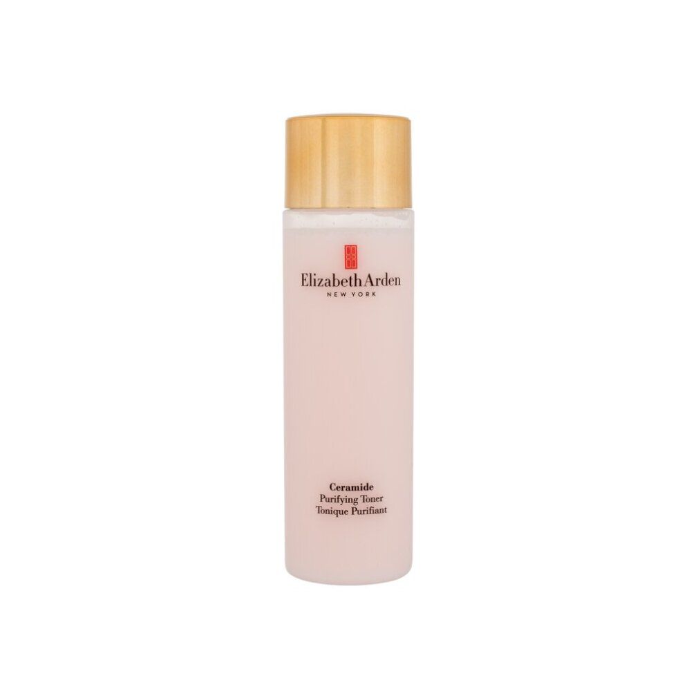 Rosa Flasche mit goldenem Deckel. Schriftzug: Elizabeth Arden, Ceramide Purifying Toner.