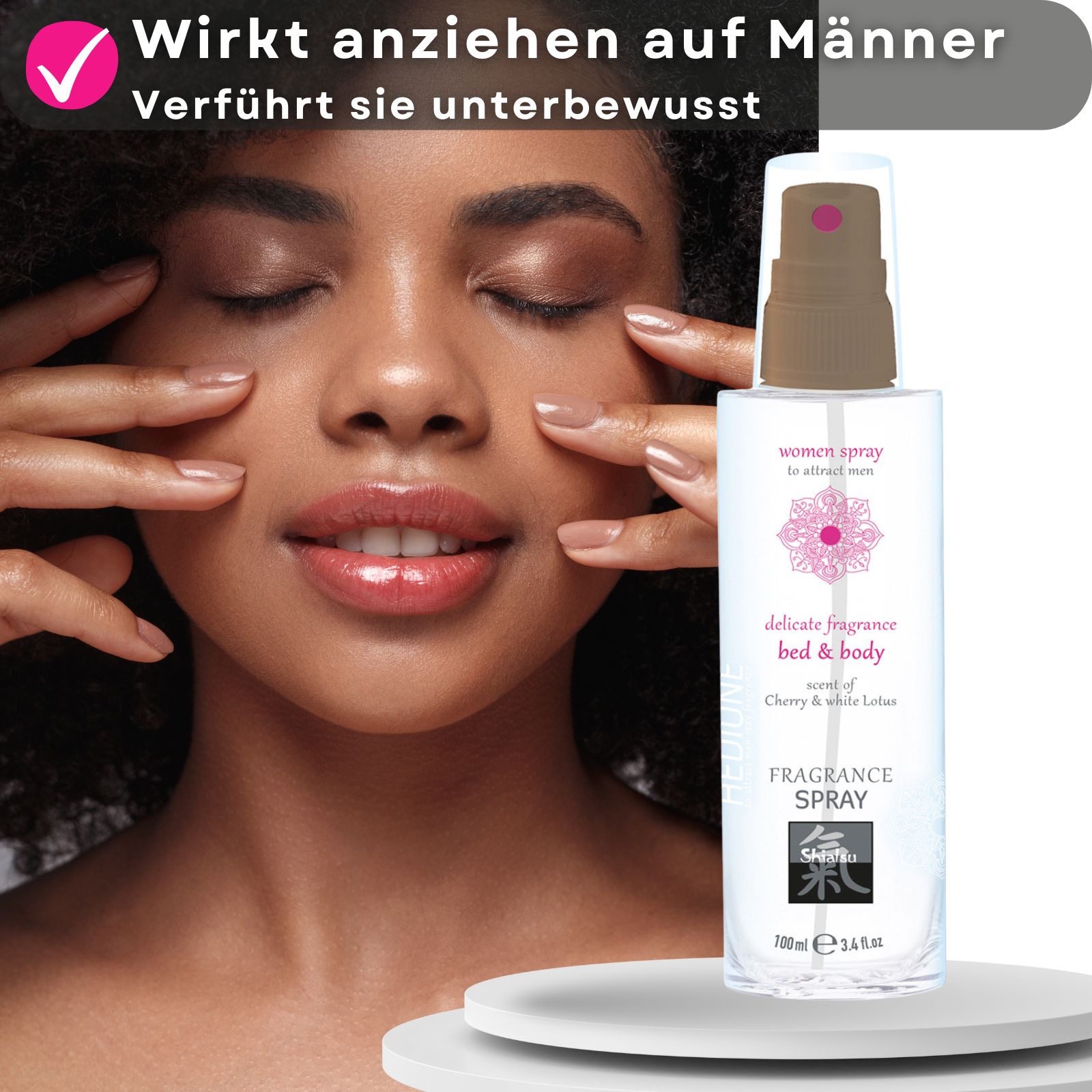 Produkt mit Frau. Aufschrift: "women spray", "bed & body", "Fragrance Spray". Logo und Schriftzug "Shiatsu".