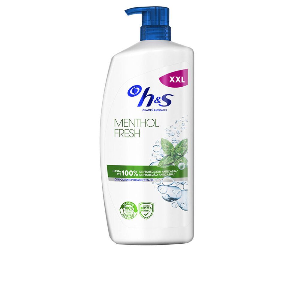 Weiße Flasche mit blauem Pumpkopf. Aufschrift: h&s, Menthol Fresh, 100% Schutz vor Schuppen. XXL-Version.