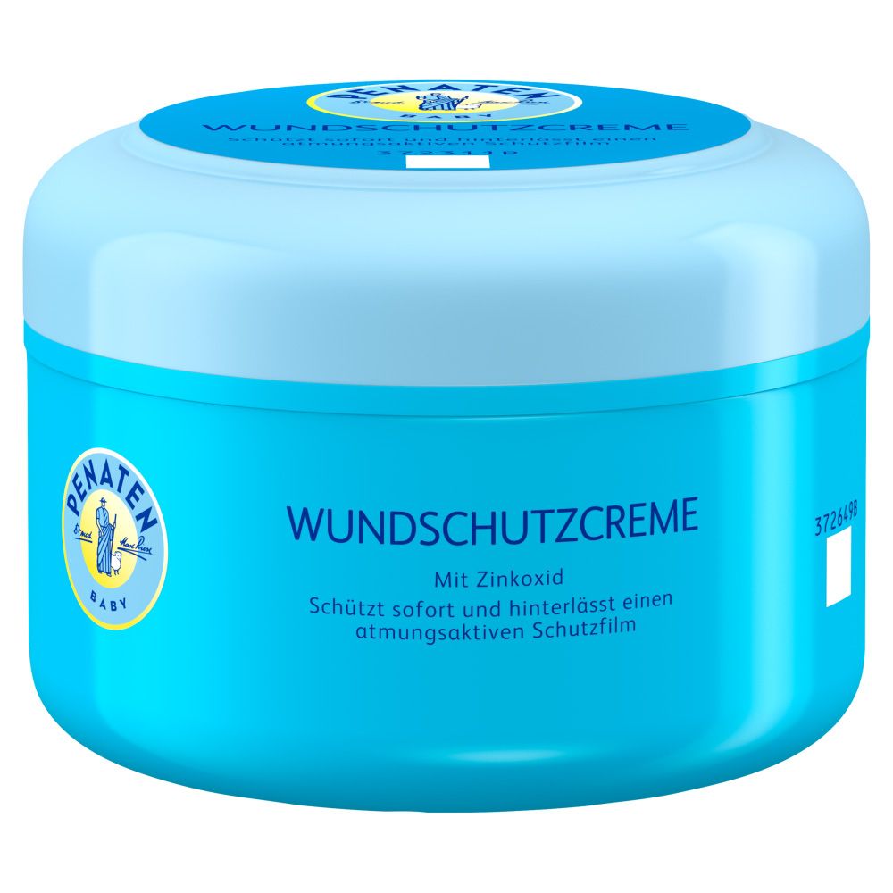 Hellblaues Tiegel mit Deckel. Aufschrift: Wundschutzcreme, mit Zinkoxid. Logo: Penaten Baby. Aufkleber: 372448.