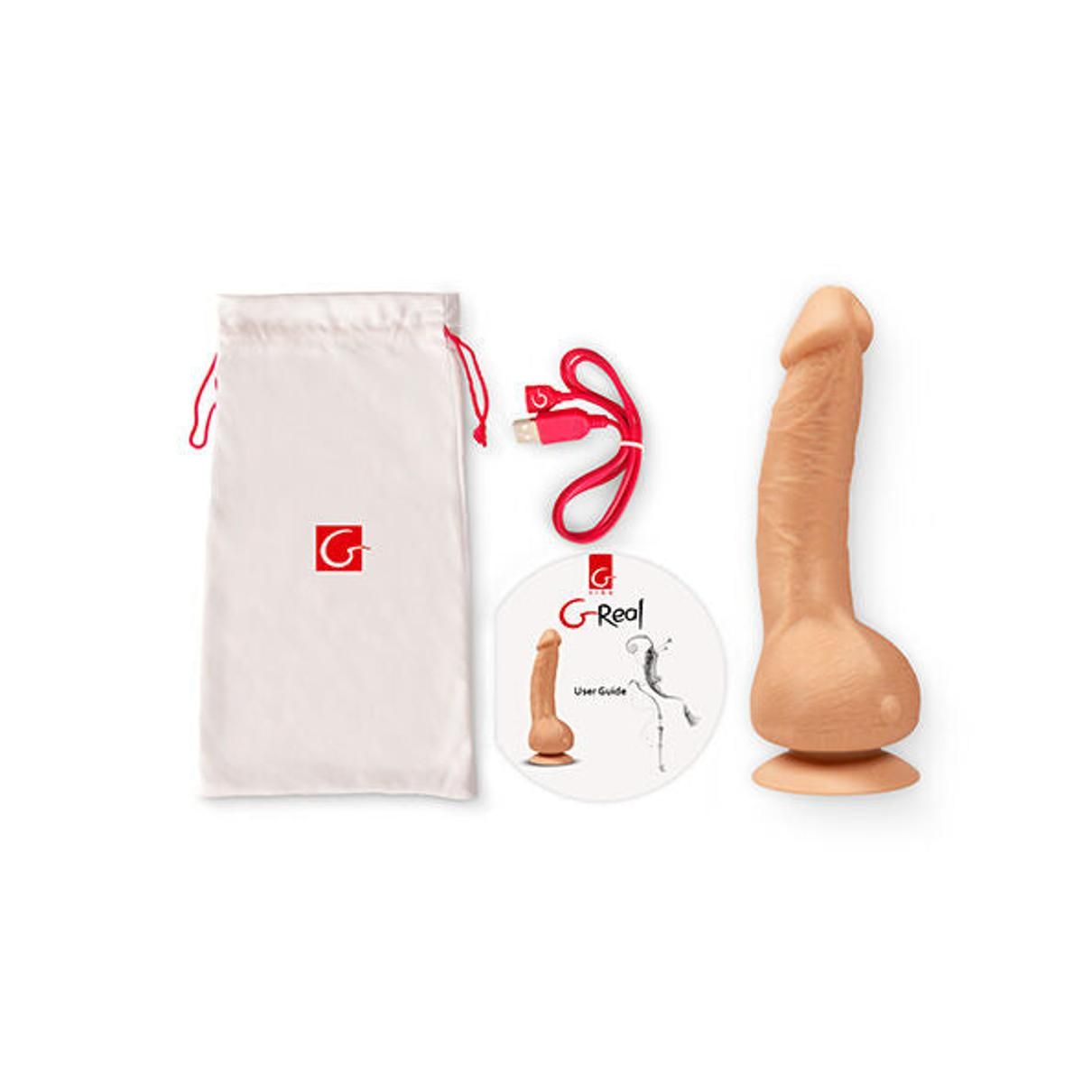 Dildo, Beutel, Ladekabel und Bedienungsanleitung. Produktname: G-Real.