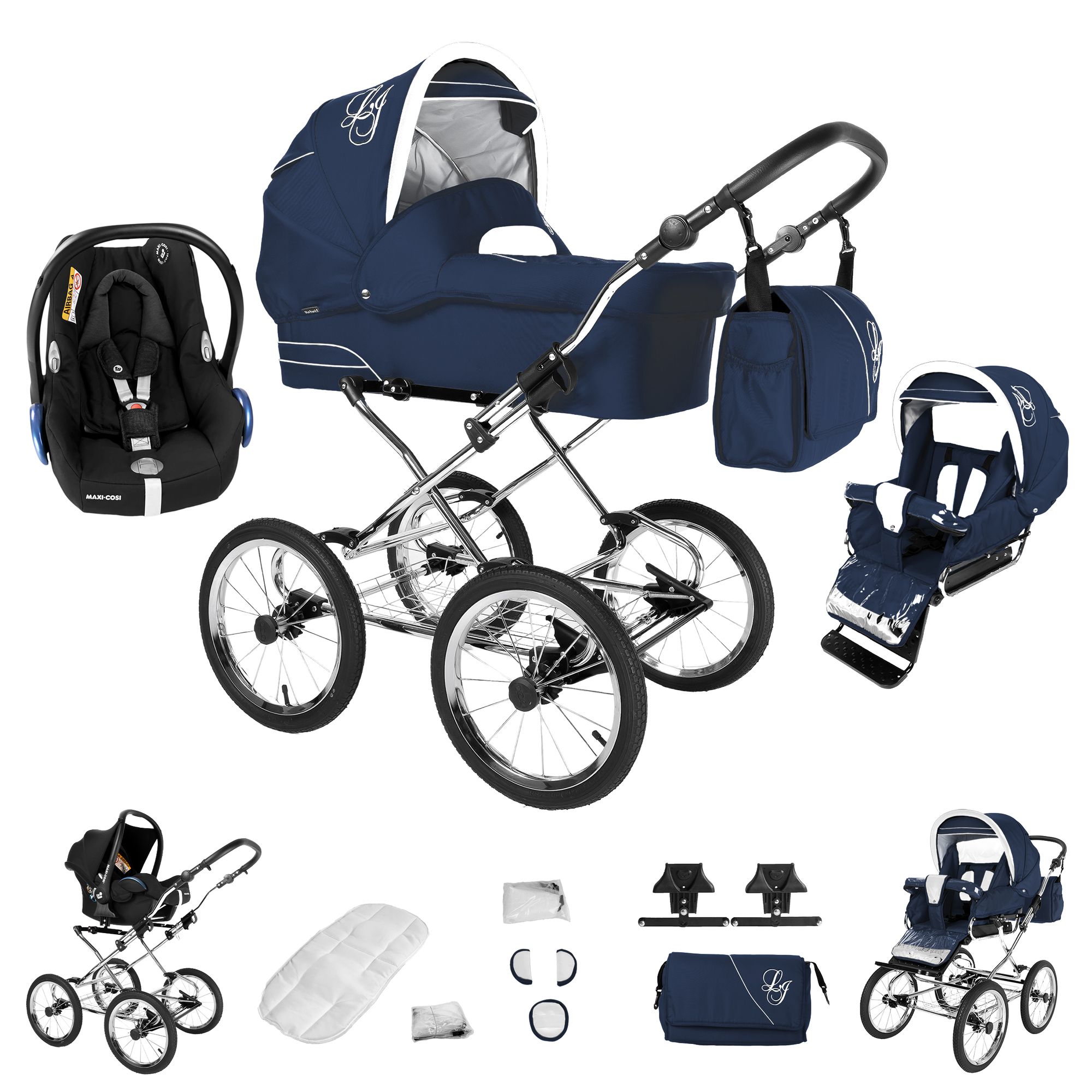 Kinderwagen-Set mit Maxi Cosi, blau. Enthält Babywanne, Sportwagenaufsatz, Babyschale, Wickeltasche. Chromgestell, weiße Räder.