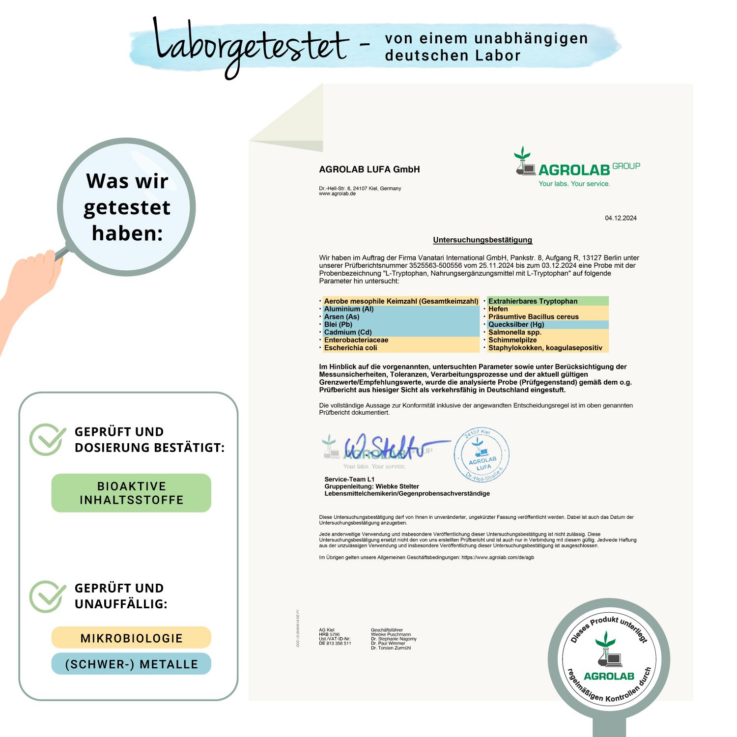 Zertifikat mit Testergebnissen. Bestätigung für bioaktive Inhaltsstoffe. Geprüft auf Mikrobiologie und Schwermetalle.