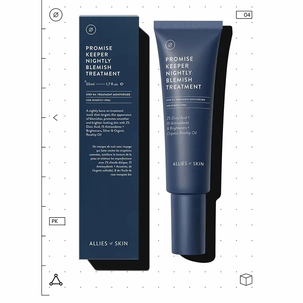 Produktverpackung mit Tube und Schachtel. Produktname: Promise Keeper Nightly Blemish Treatment. Enthält 2% Dioic Acid, Antioxidantien und Rosenhip Oil.