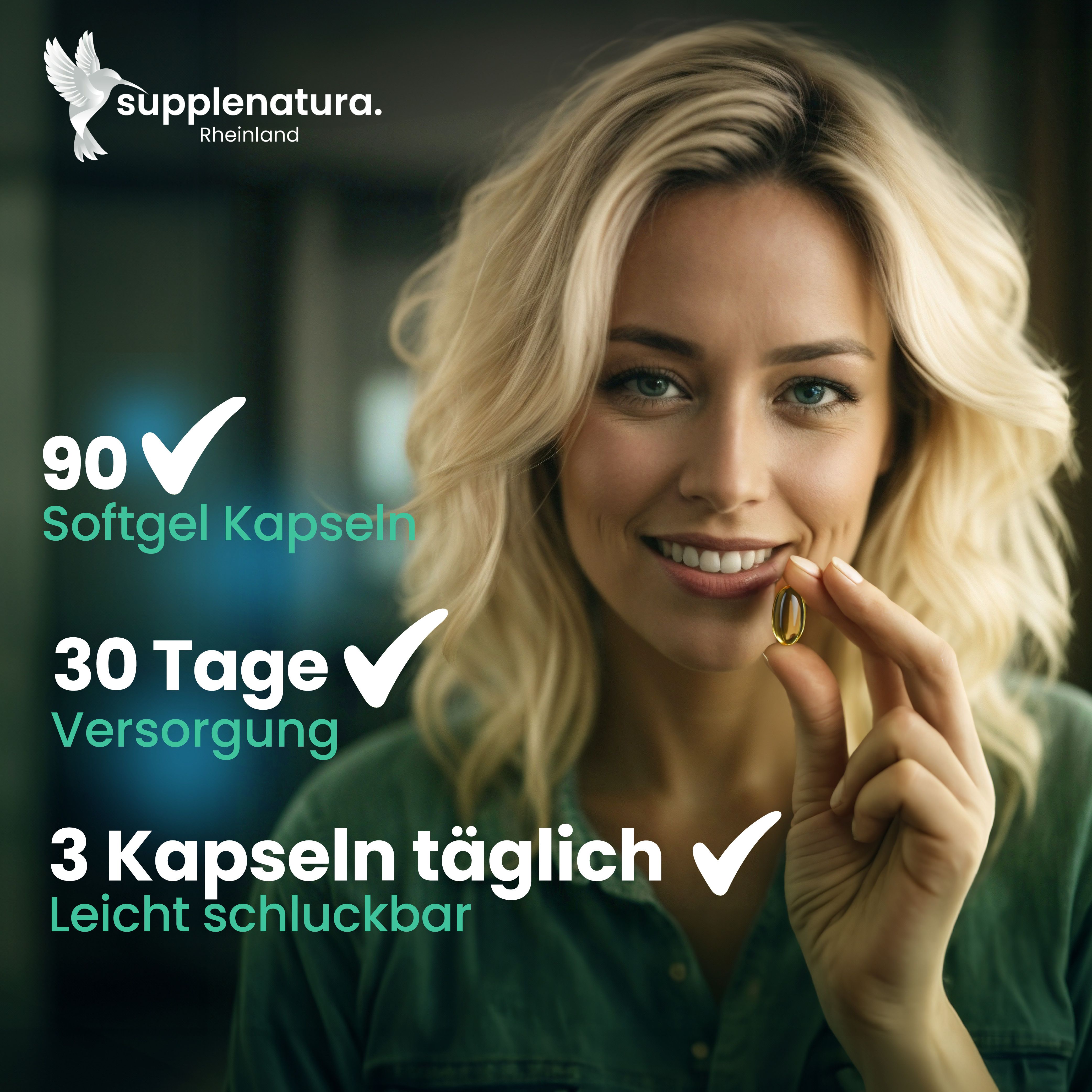 Frau hält eine goldfarbene Kapsel. Aufschrift: 90 Softgel Kapseln, 30 Tage Versorgung, 3 Kapseln täglich. Leicht schluckbar.