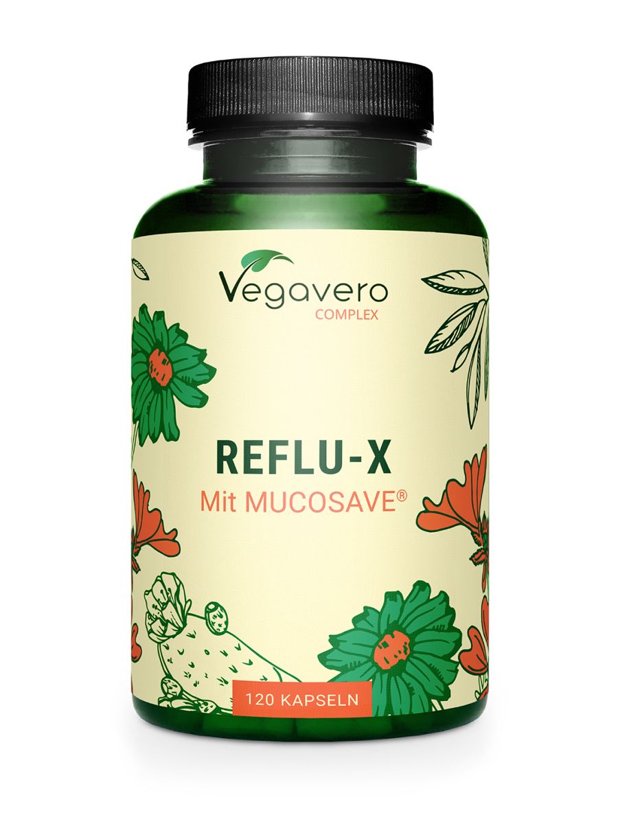 Grüne Flasche mit schwarzen Deckel. Aufschrift: REFLU-X, Mit MUCOSAVE, 120 Kapseln. Vegavero-Logo.