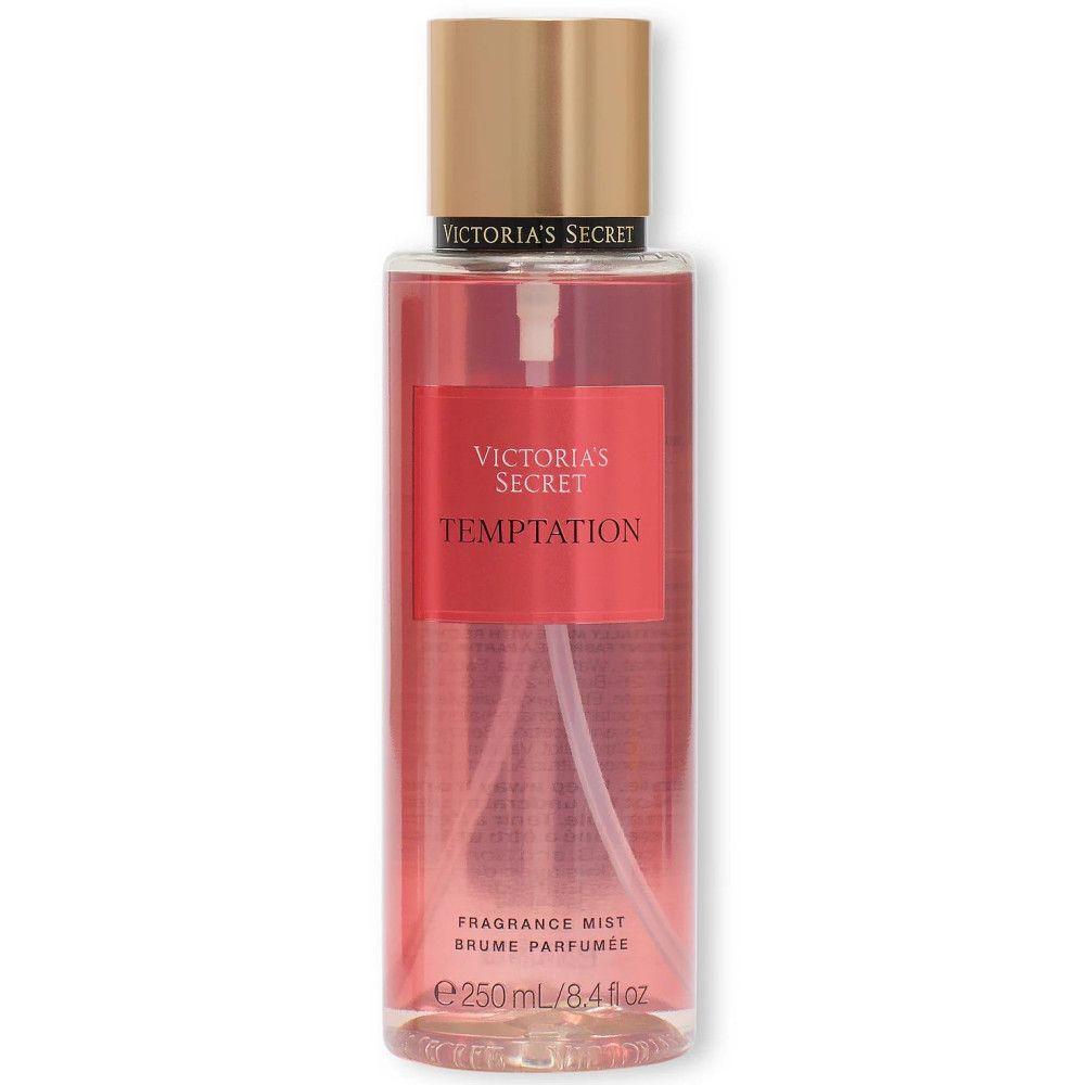 Victoria's Secret Temptation Körperspray. Rote Etikette, goldener Deckel, Sprühkopf. 250 ml.