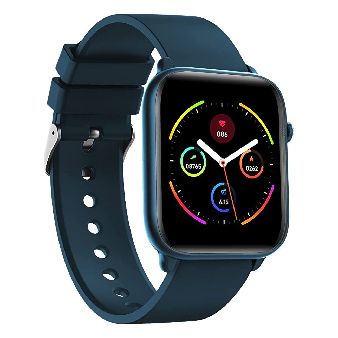 Blauer Fitnesstracker mit quadratischem Display. Zeigt Gesundheitsdaten an. Silikonarmband mit silberner Schließe.