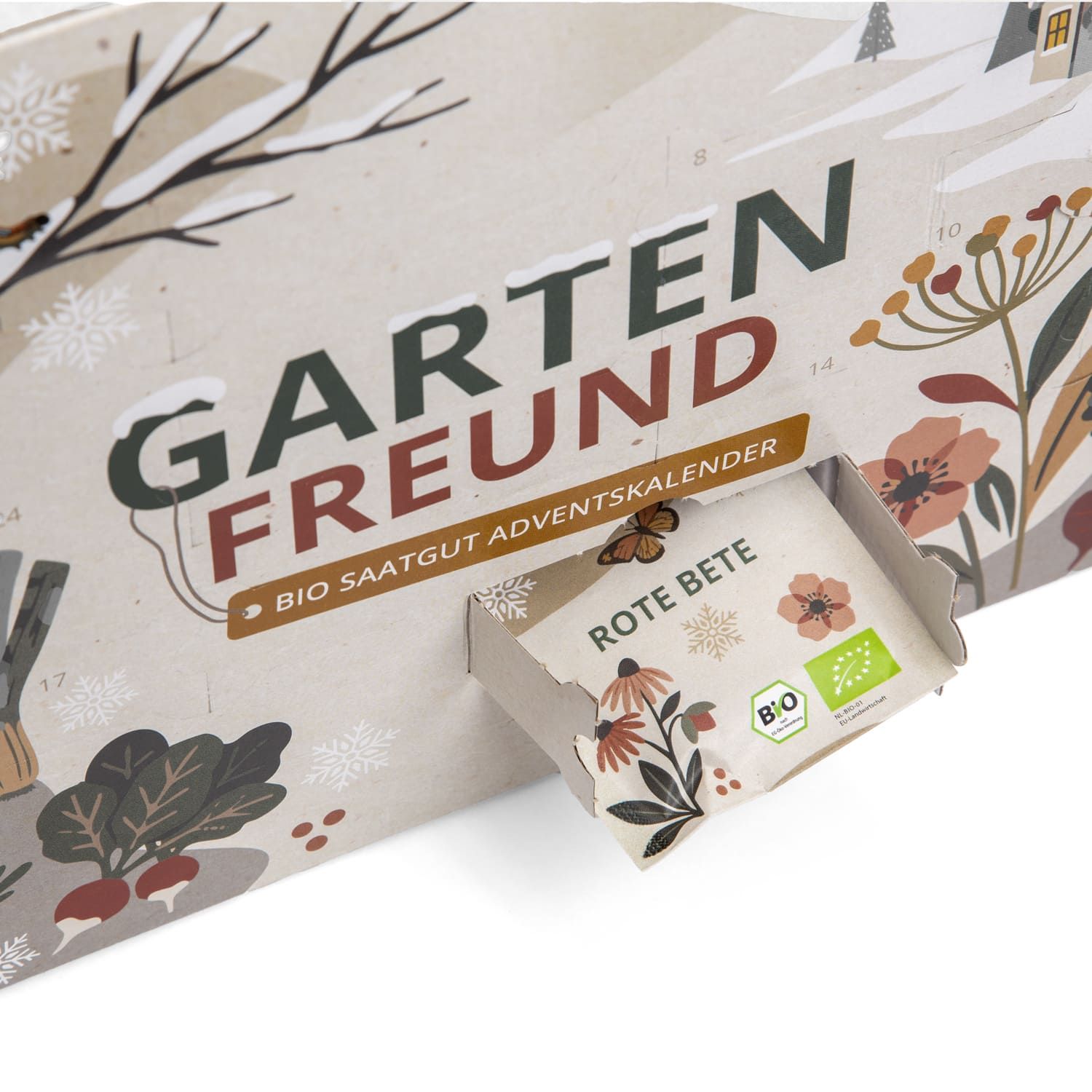 BIO Saatgut Adventskalender "Garten Freund", eine kleine Tüte Rote Bete Saatgut ragt heraus.