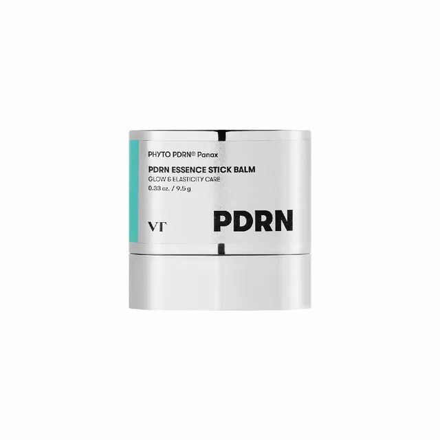 Zylindrischer Stick-Balsam. Weißer Behälter mit blaugrüner und schwarzer Beschriftung. Enthält Text: PDRN Essence Stick Balm.