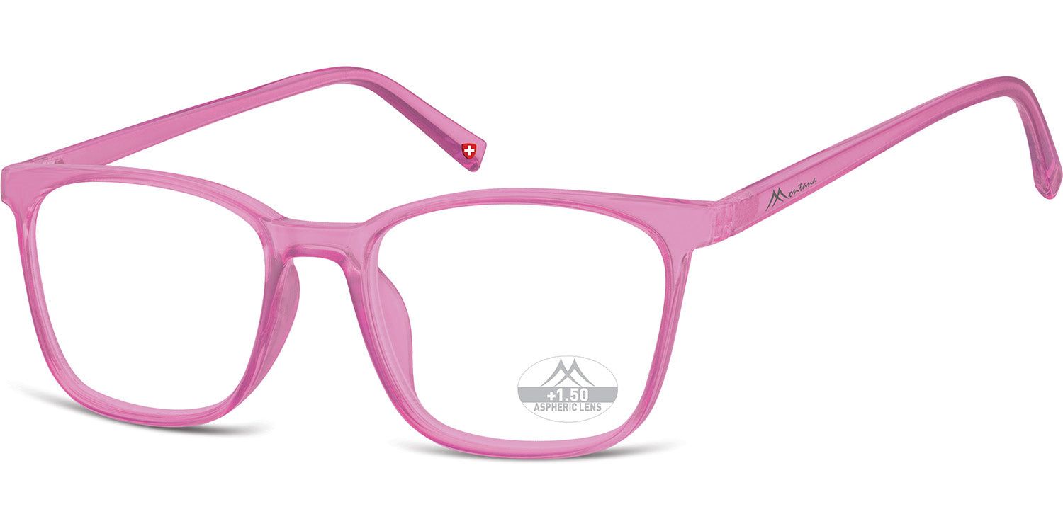 Rosa Brille mit rechteckigen Gläsern. Montana Eyewear Logo und Schweizer Kreuz. Fertiglesebrille +1.50.