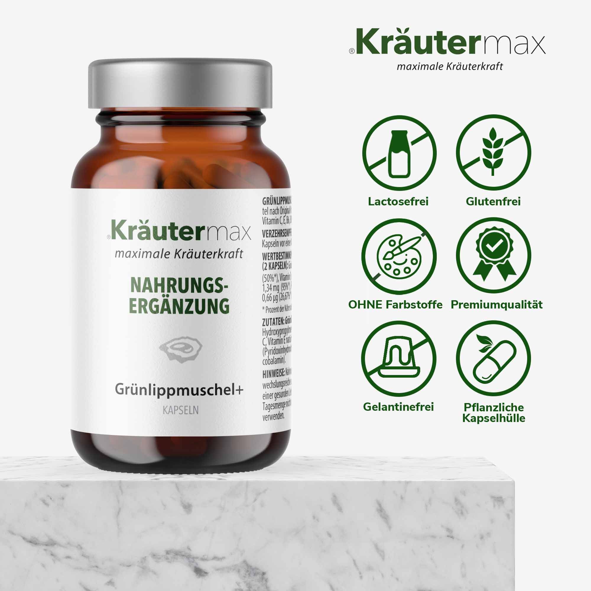 Braune Flasche mit Kapseln. Aufschrift: Kräutermax, Nahrungsergänzung. Logos: laktosefrei, glutenfrei, etc.