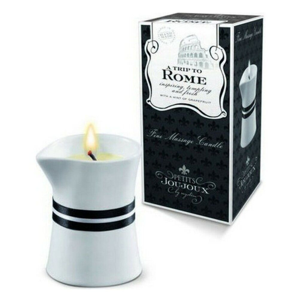 Weiße Keramik-Massagekerze mit schwarzem Band und Verpackung. Aufschrift: A Trip to Rome, Fine Massage Candle.