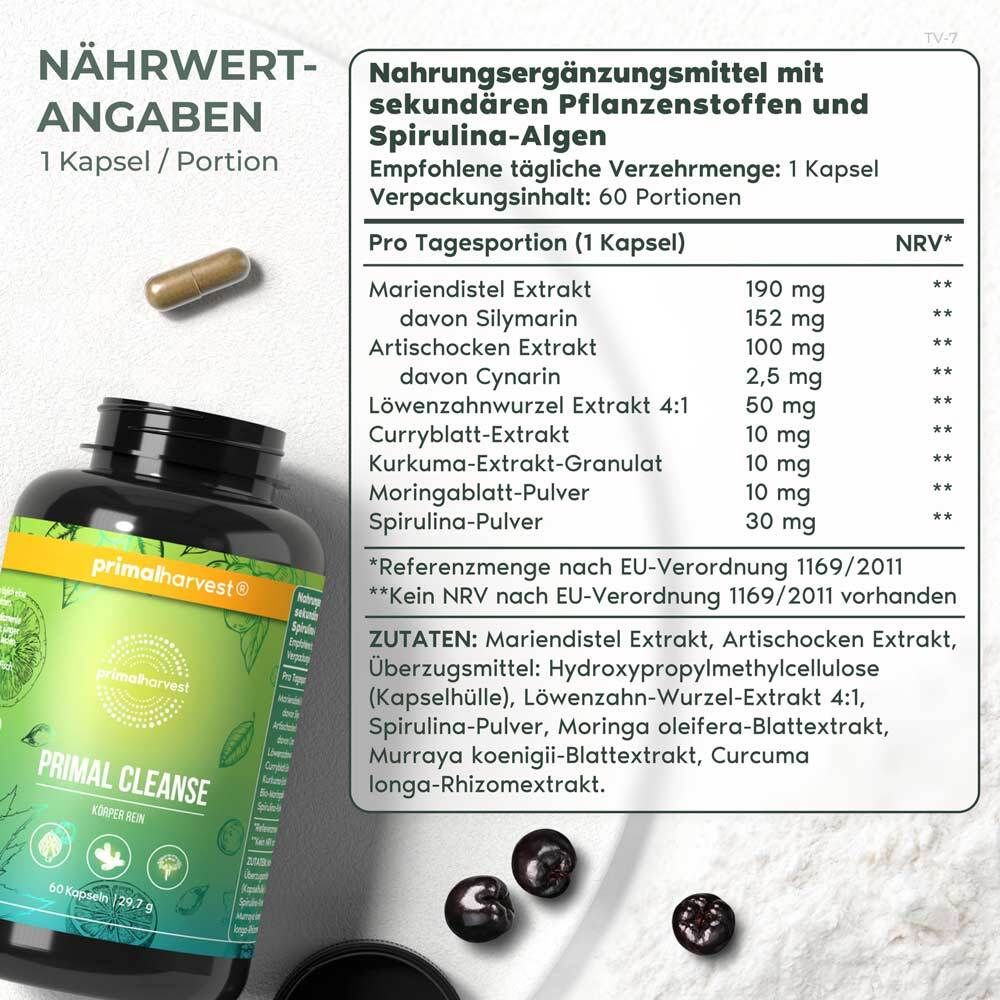 Nährwertangaben und Zutatenliste. Flasche Primal Cleanse im Hintergrund. 60 Portionen.