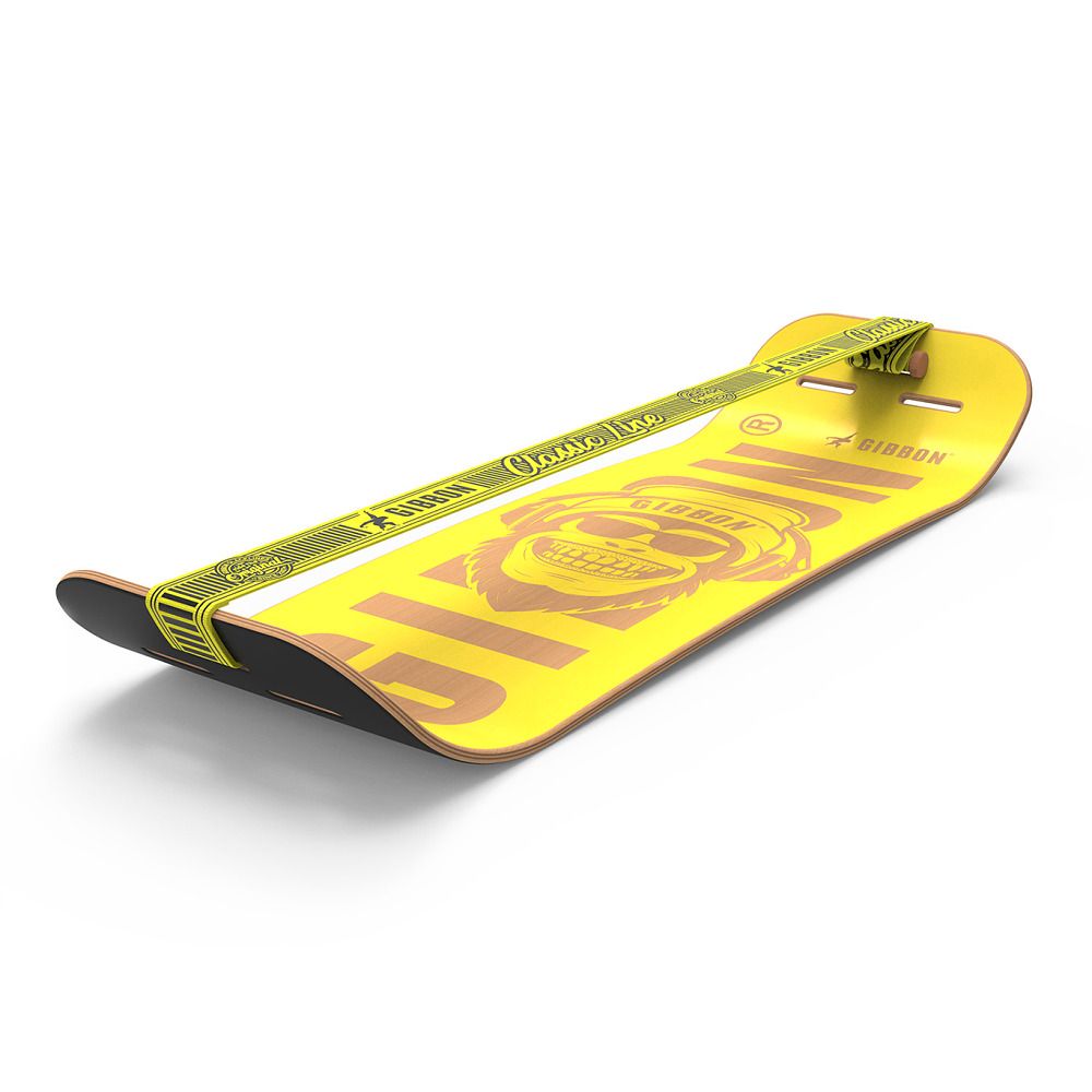 GIBOARD SET - BONZO CLASSIC: Gelbes Balance Board mit gelbem Gurt und Affenmotiv.