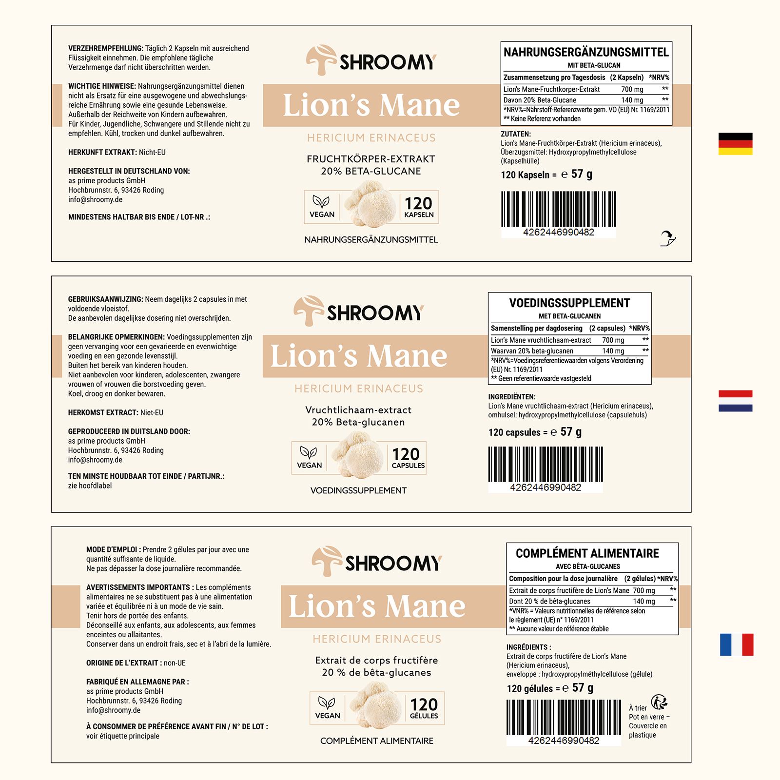 Drei Etiketten von SHROOMY Lions Mane Kapseln in Deutsch, Niederländisch und Französisch. Informationen zu Inhaltsstoffen und Dosierung.