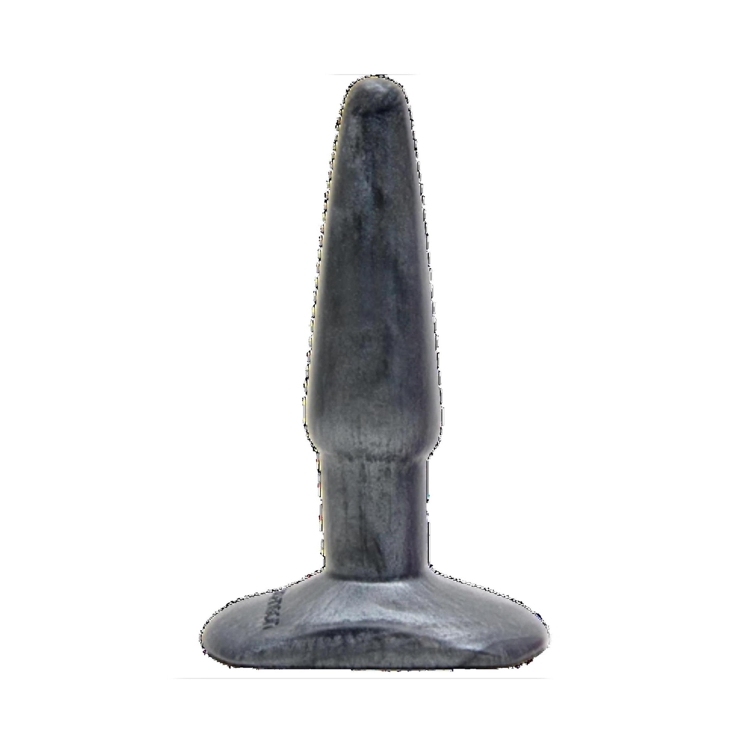Grauer Butt Plug. Kegelförmiger Schaft, breite Basis.