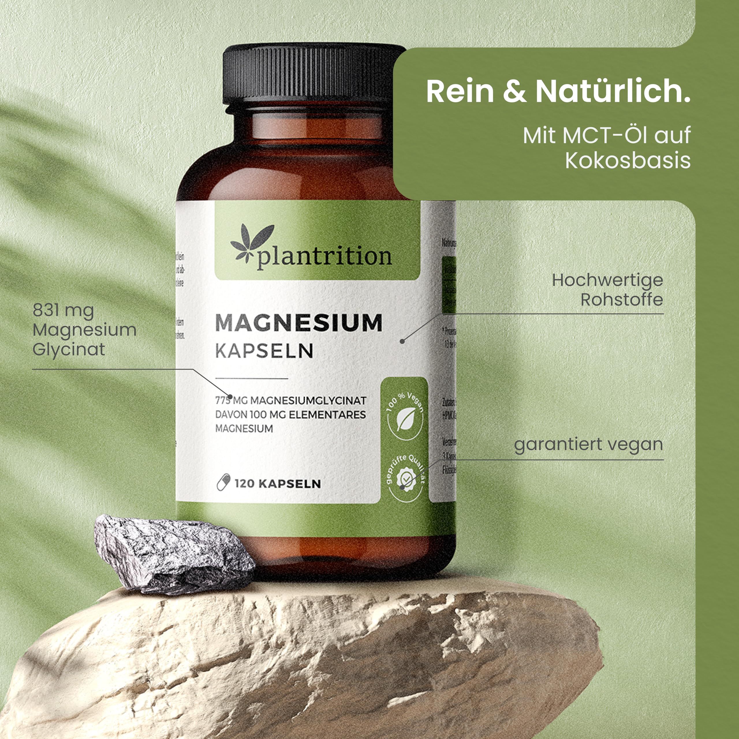 Braune Flasche Magnesium Kapseln. 120 Kapseln. Plantrition. Mit MCT-Öl auf Kokosbasis. Garantiert vegan.