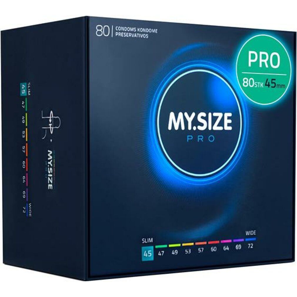 Dunkelblaue Verpackung. Aufschrift: MY.SIZE PRO, 80 Kondome, Größenangaben von 45 bis 72 mm. Slim und Wide-Bereich. PRO-Label.
