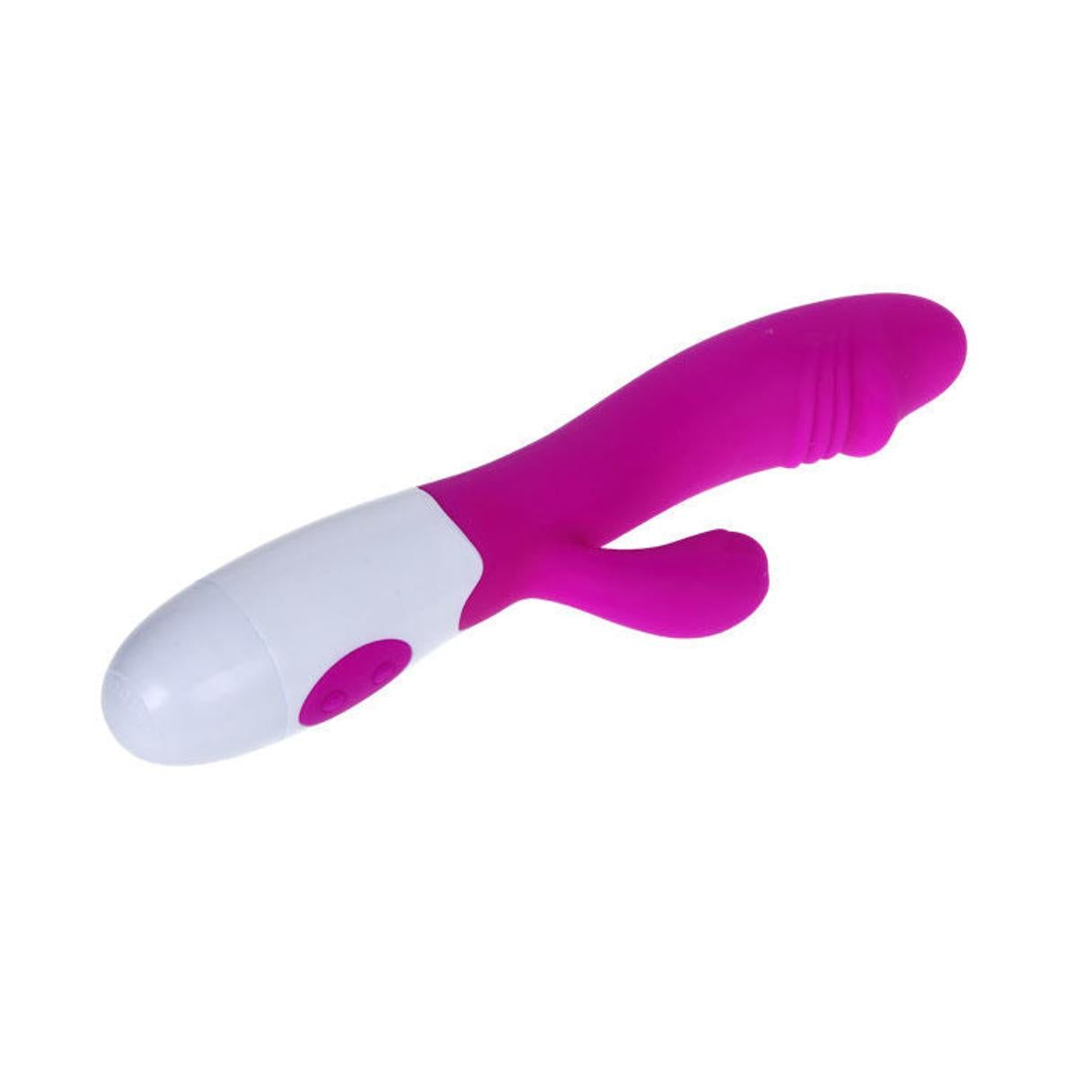 Lila-weißer Vibrator mit gebogener Form und Knopf. Oberteil mit erhabenen Details.