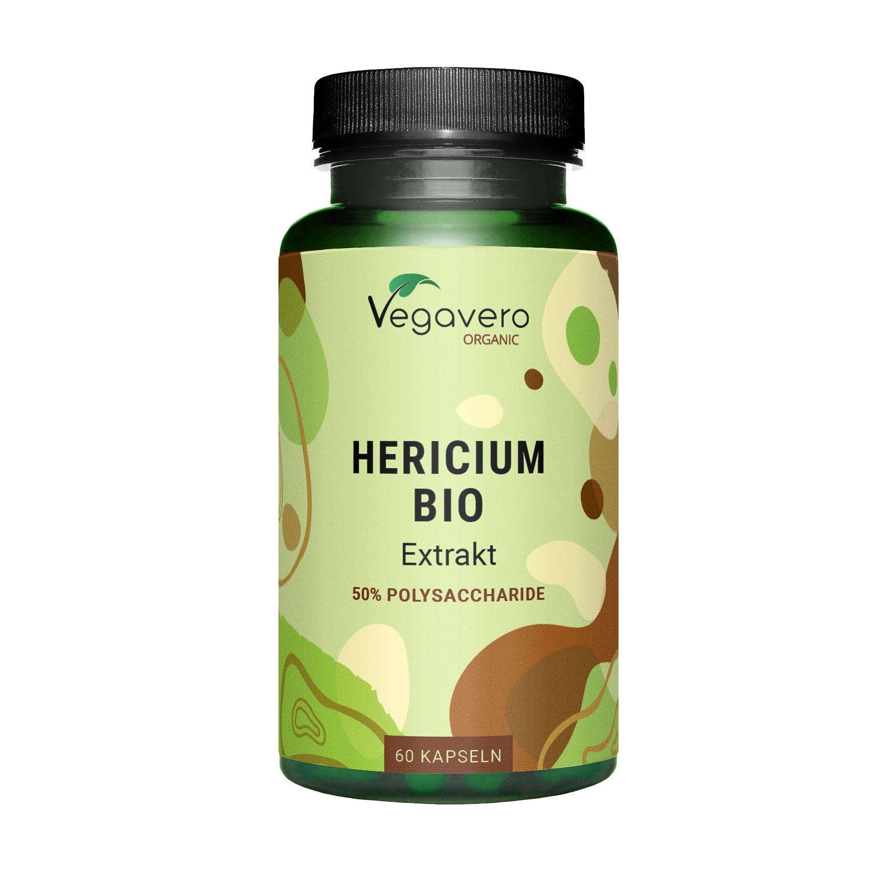 Grüne Flasche mit schwarzen Deckel. Aufschrift: Hericium BIO Extrakt, 50% Polysaccharide. 60 Kapseln. Vegavaro Organic Logo.