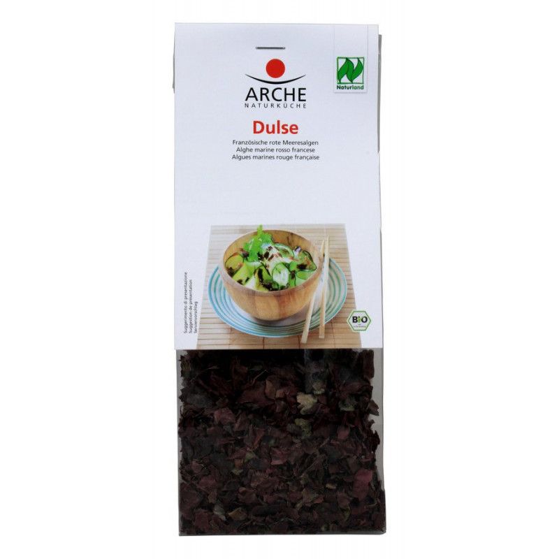 Verpackung mit Arche Dulse Algen. Oben Logo und Produktname. Darunter Abbildung eines Gerichts mit Algen. Bio-Siegel.