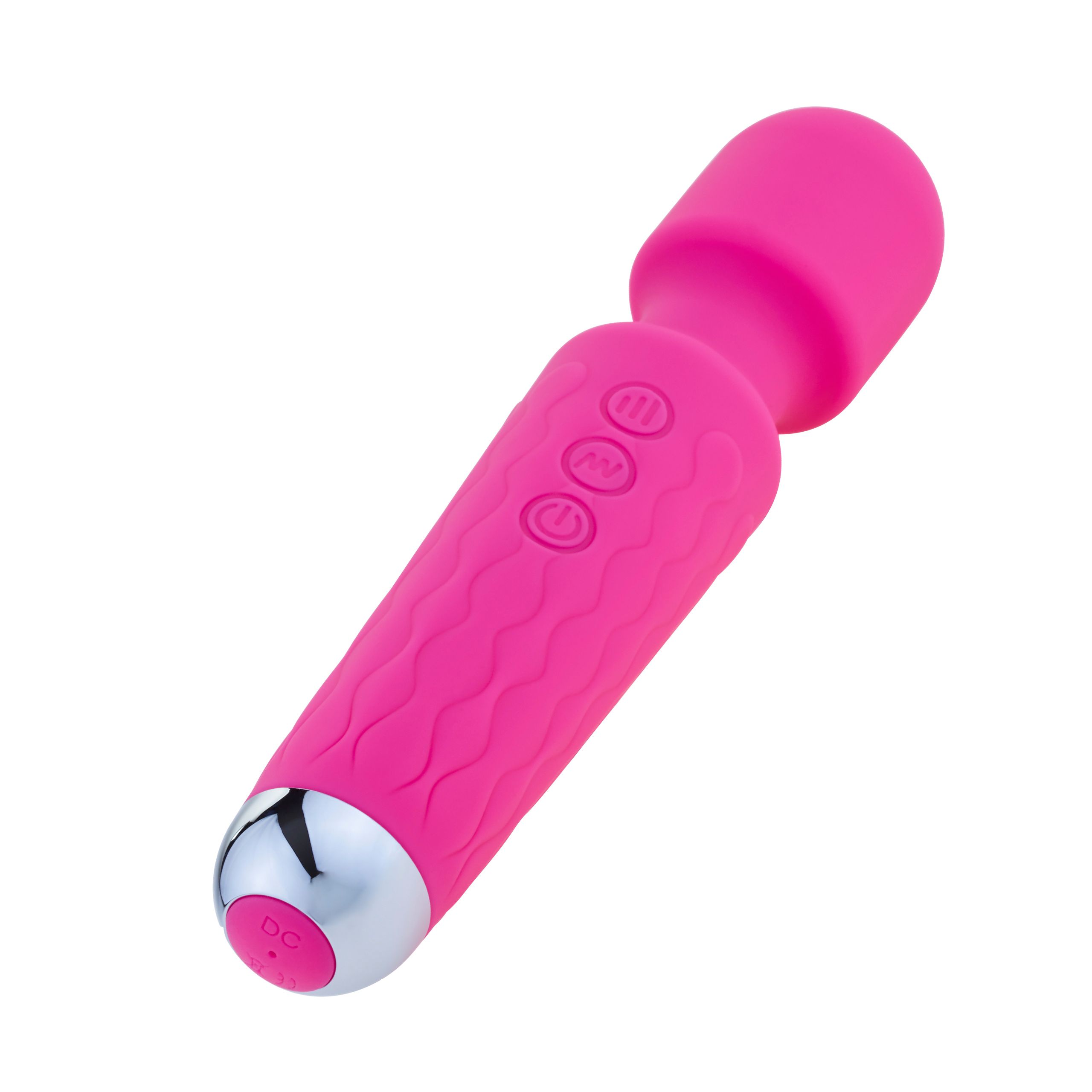 Pinkfarbener Vibrator mit wellenförmiger Textur am Griff. Silberfarbene Spitze und drei Knöpfe. Oberteil rund.
