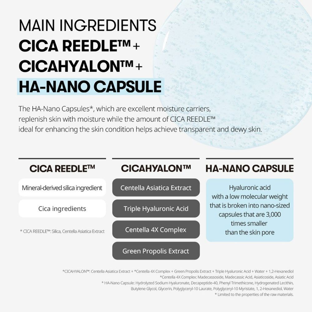Übersicht der Hauptinhaltsstoffe: CICA-REEDLE™, CICA HYALON™ und HA-NANO CAPSULE mit detaillierten Beschreibungen.