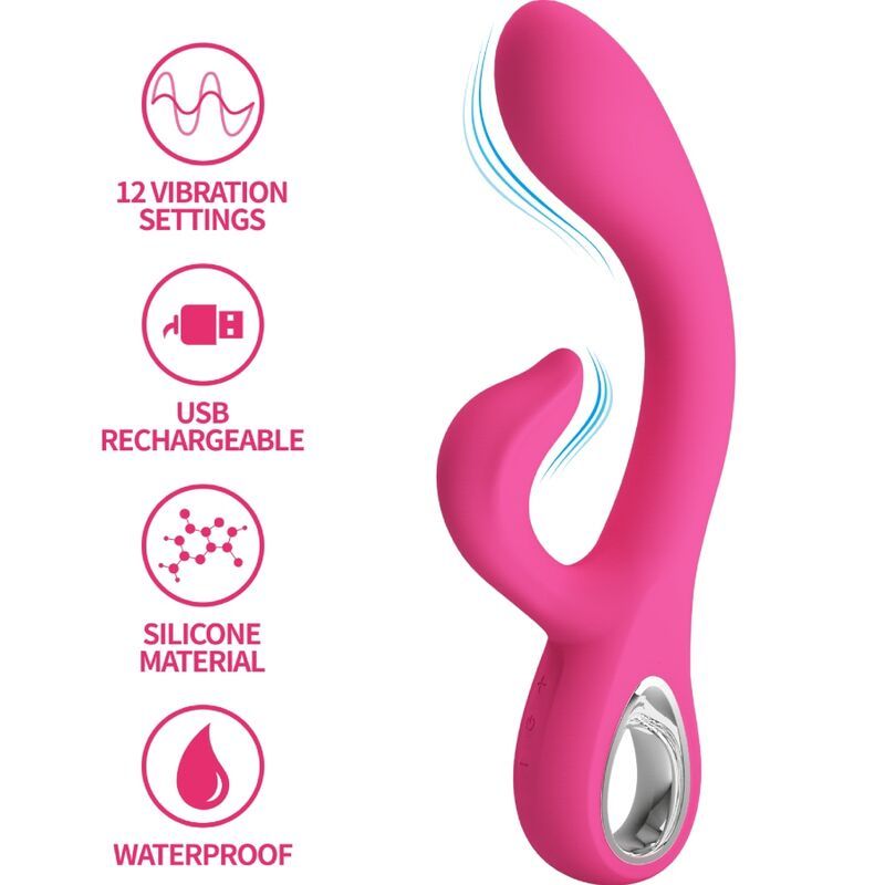 Pinkfarbener Vibrator mit gebogener Form. Merkmale: 12 Vibrationseinstellungen, USB-Aufladung, Silikonmaterial, wasserdicht.