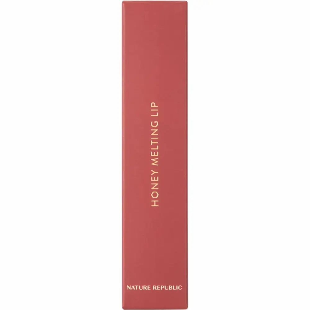 Verpackung des Lipgloss. Rote rechteckige Schachtel. Aufschrift: HONEY MELTING LIP und NATURE REPUBLIC.