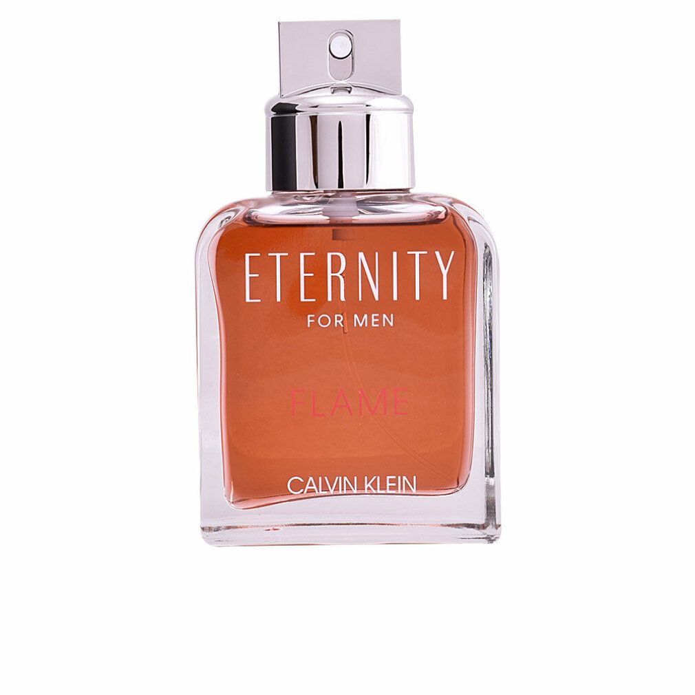 Glasflakon mit silbernem Verschluss. Aufschrift: ETERNITY FOR MEN FLAME CALVIN KLEIN. Flüssigkeit orange.