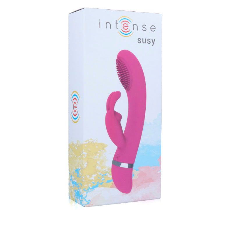 Verpackung mit Vibrator. Aufschrift 'intense susy'. Rosa Vibrator mit Hasenohren-Design, in der Verpackung.