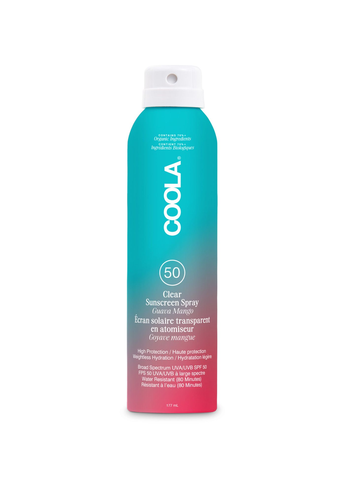 COOLA Sonnenspray, SPF 50. Türkis-rosa Sprühflasche mit weißem Sprühkopf. Produktbezeichnung und SPF-Wert deutlich sichtbar.