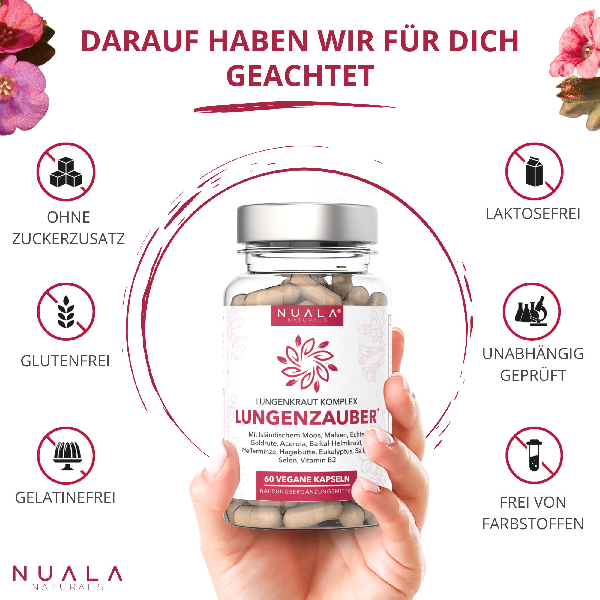 Produktabbildung. Zeigt eine Flasche mit Kapseln, umgeben von Symbolen für zuckerfrei, glutenfrei, gelatinefrei, laktosefrei und unabhängig geprüft.