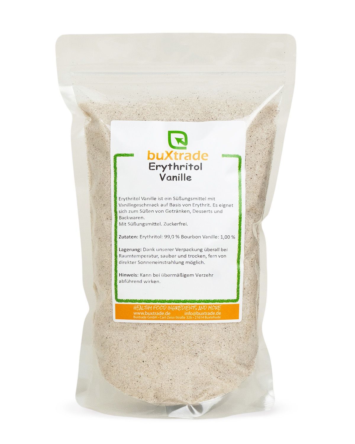 Buxtrade Erythritol Vanille in einem Standbeutel mit Etikett. Enthält Erythritol und Bourbon Vanille.