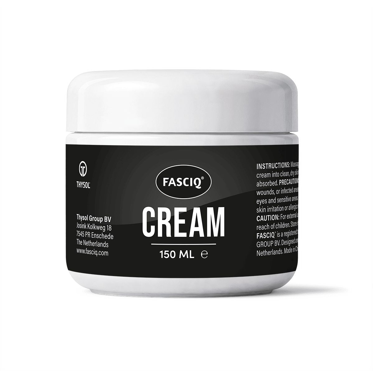 Weißer Tiegel mit schwarzem Etikett. "FASCIQ" und "CREAM" Schriftzug. 150 ml. Anweisungen auf der Seite.